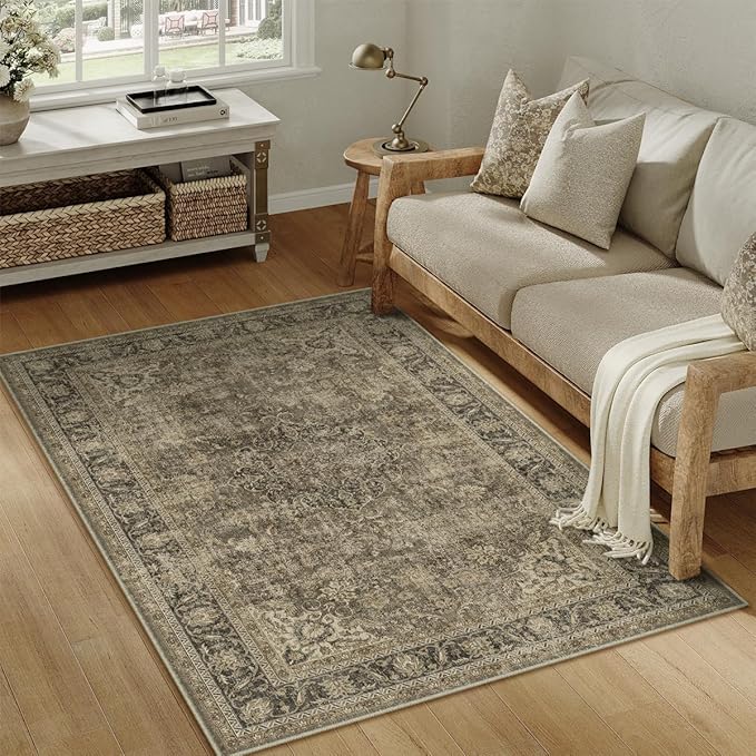 4x5 Washable Brown Area Rug Vintage Entryway Office Carpet Non-Slip Soft Low Pile Distressed Indoor Throw Rug for Living Room Bathroom Dining Room