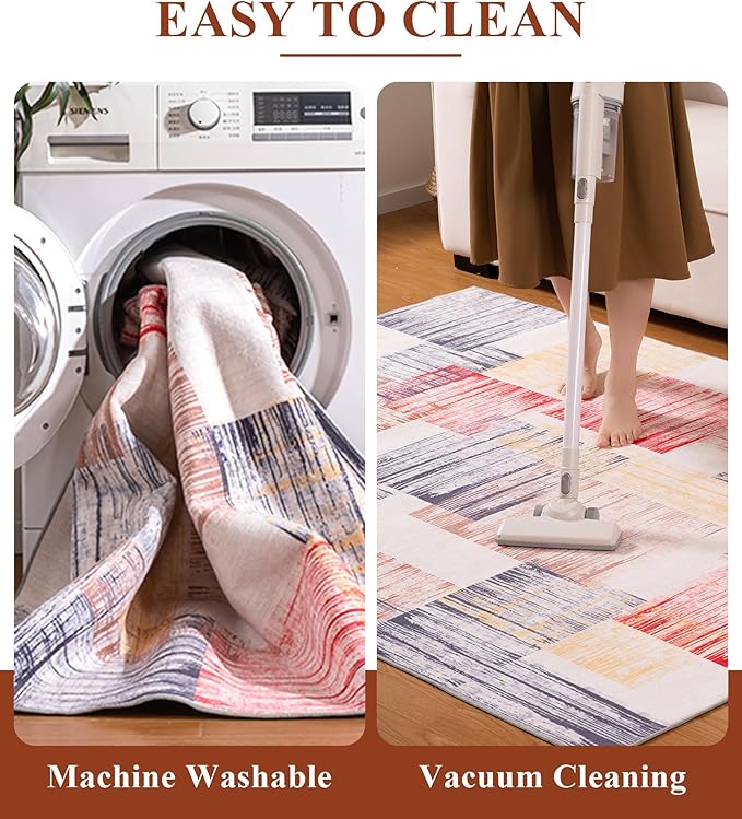 YIHOUSE Cream Retro Rugs 5x7,Blue and Red Vintage Washable Carpets for Bedroom,Farmhouse Abstract Area Rug,Unique Checkered Block Rug for Living Room,Dining Room,Office