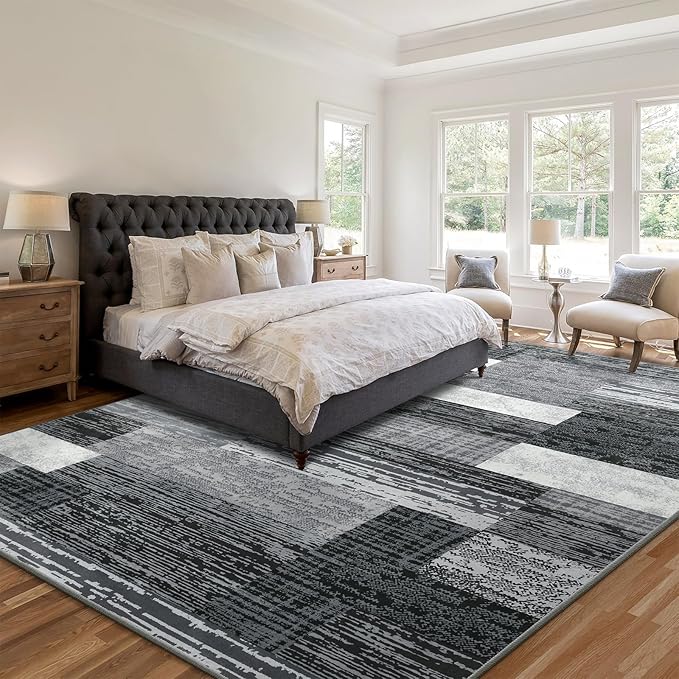 Large Area Rugs,Modern Geometric Patchwork Floor Decor for Bedroom Aesthetic Carpet, Rockwood Collection, Indoor Rugs for Living Room, Dining Room, Nursery, Office, Machine Washable Rug,9x12 Ft Grey