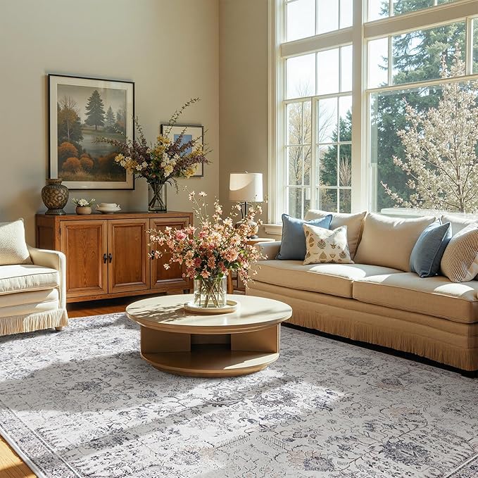 jinchan Area Rug 9x12 Washable Living Room Rug Vintage Indoor Large Floor Cover Retro Accent Mat Distressed Gray Floral Country Boho Non Slip Thin Carpet for Bedroom Kitchen Dining Room Office Grey