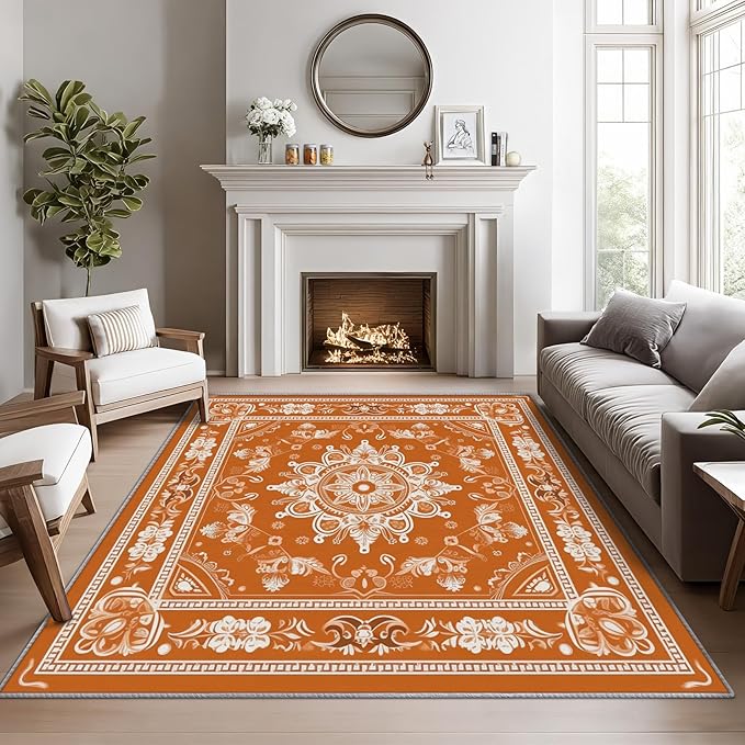 Mandala Rugs for Living Room -Vintage Floral Rug, 6x8 ft, Orange Mandala Washable Rugs for Living Room, Boho Medallion Area Rug for Bedroom, Meditation Boho Ethnic Home Decor & Gifts