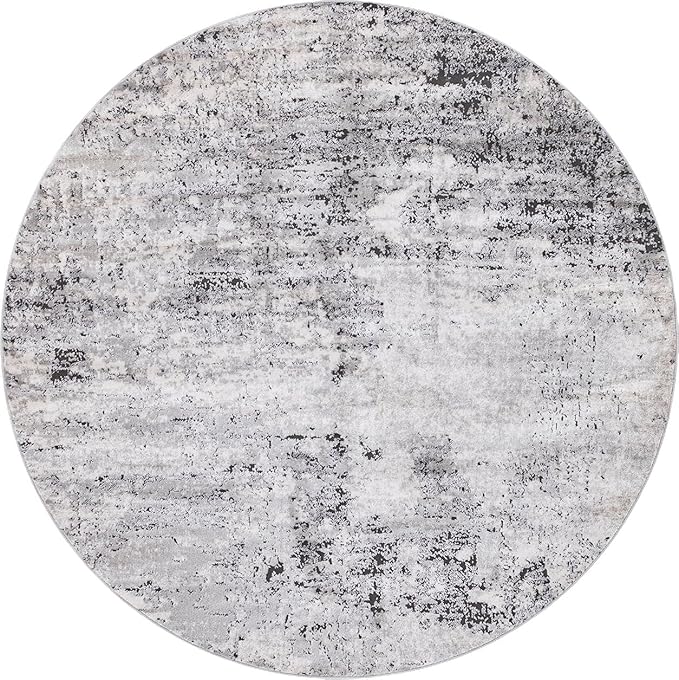 Rugs.com Leipzig Collection Round Rug – 7 Ft Round Grey Low-Pile Rug Perfect for Kitchens, Dining Rooms