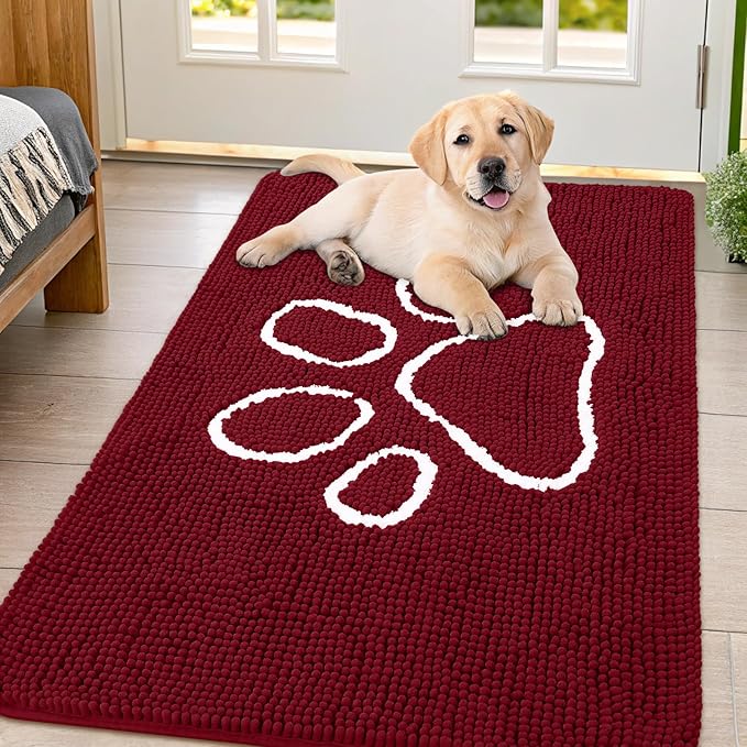 Smiry Dog Door Mat for Muddy Paws, Absorbent Dirt Trapper Non Slip Quick Dry Washable Chenille Mat for Mud Dogs, Entry Rug for Indoor and Outdoor (47x32 Inches, Burgundy and White)