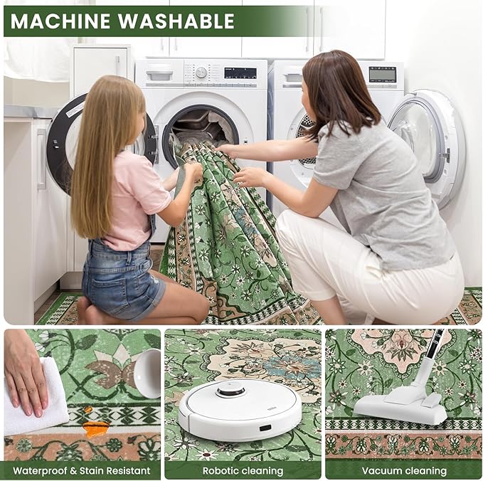 Luxury 5' x 7' Green Washable Area Rugs, Boho Low Pile Easy Clean Non-Slip Rug, Floral Medallion Pattern Vintage Rugs for Living Room, Dinning Room, Office, Bedroom, Bathroom, Laundry Room, Farmhouse
