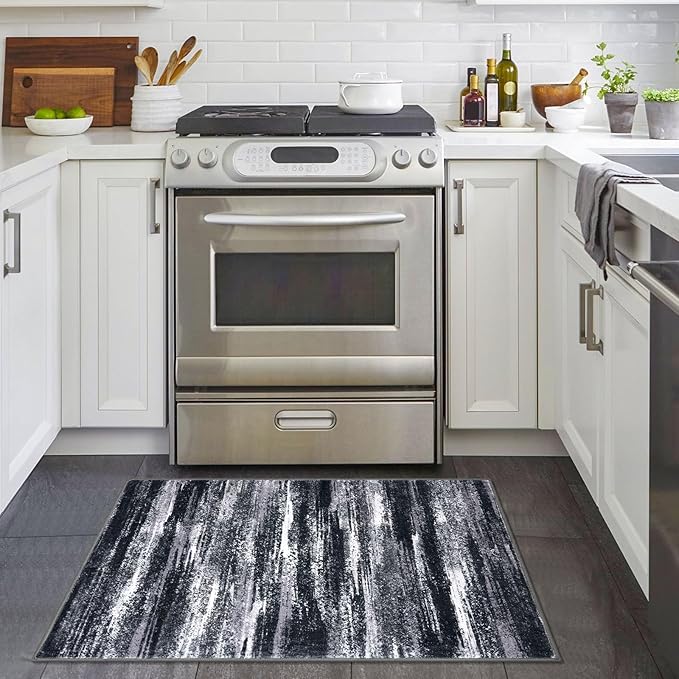 Modern Abstract Entryway Rug Indoor 2x3 Washable Rug Non-Slip Soft Small Area Rug Black Grey Kitchen Mats Thin Print Faux Wool Floor Carpet Throw Rugs for Entrance Bedroom
