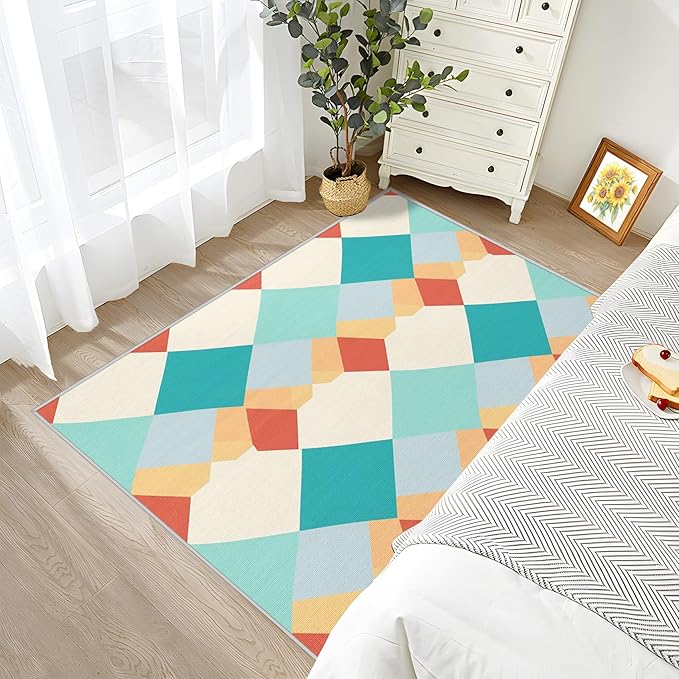 Geometric Indoor Rugs for Entryway - 2x3ft - Colorful Retro Mid Century Modern Washable Non Slip Low Pile Small Area Rug for Bedroom, Geometric Carpet Home Decor & Gifts