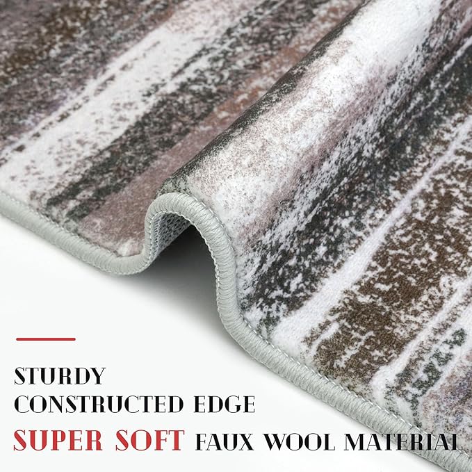 Modern Abstract 5x7 Machine Washable Area Rug Non-Slip Soft Bedroom Living Romm Rug Dark Light Brown White Ultra Thin Print Faux Wool Floor Carpet Throw Rugs for Dining Room Indoor Office