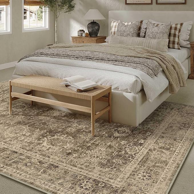 8x10 Washable Area Rug for Living Room Bedroom Brown Vintage Large Distressed Rustic Low Pile Carpet Non-Slip Lightweight Vacuumable Soft Throw Rug for Indoor Dining Room