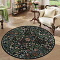Round Rug 4ft Black Washable Floral Circle Rug,Vintage Boho Botanical Round Area Rugs, Non-Slip Soft Low-Pile Circular Carpet for Bedroom,Kids Room,College Dorm,Home Decor