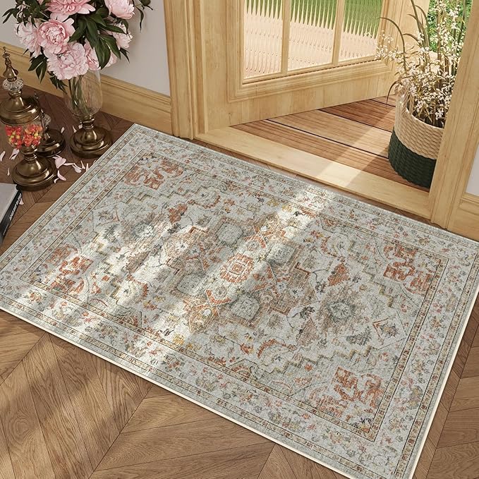 Enkor Area Soft Rugs 2x3 Washable Non Slip Boho Small Floor Entryway Rugs for Living Room Bedroom, Vintage Style Farmhouse Mat for Kitchen Beige & Orange