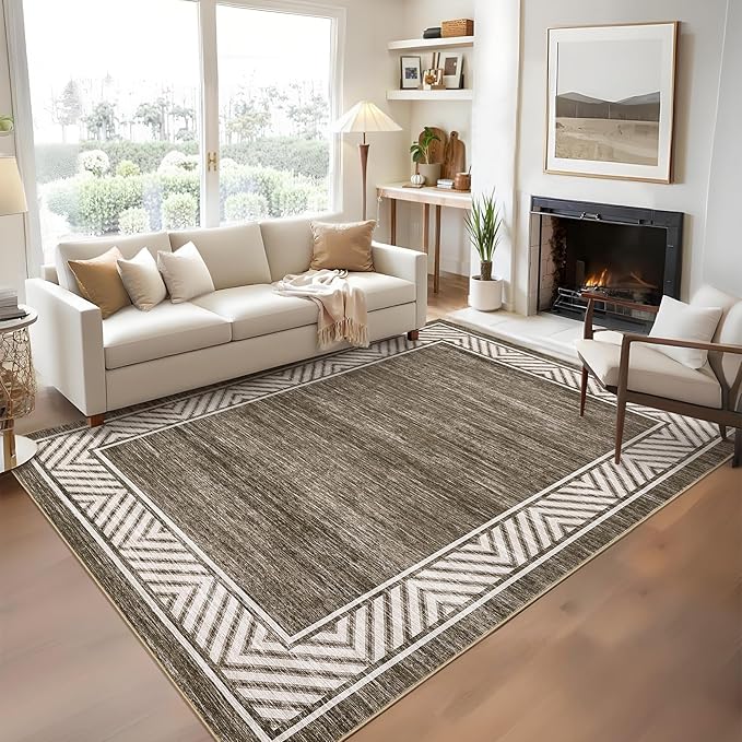 GarveeHome Modern Rugs for Living Room 8x10 Large Bordered Floor Mats with Non-Slip Backing, Stain-Resistant Bedroom Carpet, Foldable Geometric Indoor Rug for Dining Room, Kitchen, Brown