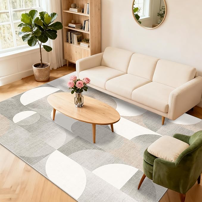 5x7 Area Rugs Grey Washable Rug for Living Room Bedroom,Large Modern Geometric Non Slip Carpet for Dining Room Farmhouse Office,Beige
