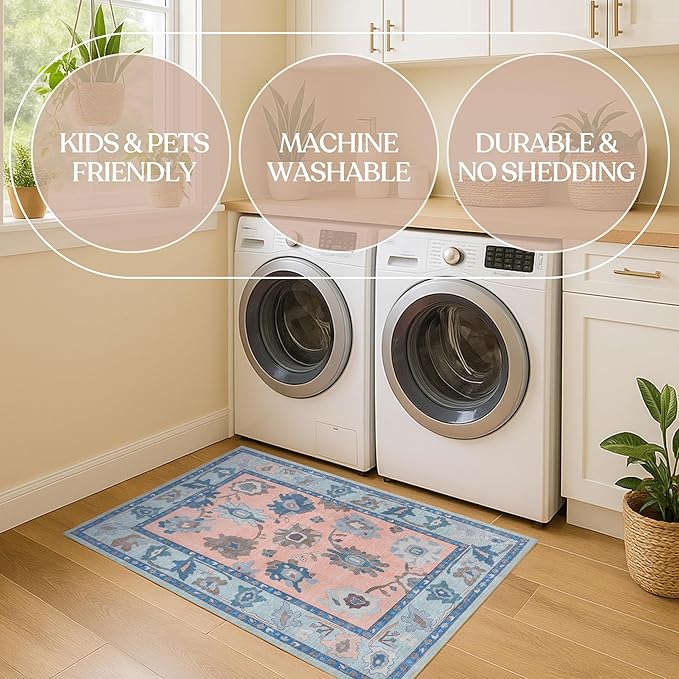 Fame Living Modern Oushak Runner Rug, Runners, Vintage, Turkish, Eclectic, Floral, Pastel, Washable, Long Runner Rugs for Hallway, Kitchen, Living Room, Bedroom, Kitchen, Bathroom, 2'5"x13'