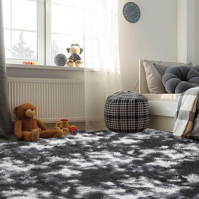Andency 8x10 Area Rugs for Living Room, Non-Slip Fluffy Soft Large Shag Bedroom Carpet, Tie-Dyed White Black Big Indoor Thick Nursery Rug for Kids Dorm Home Decor Aesthetic