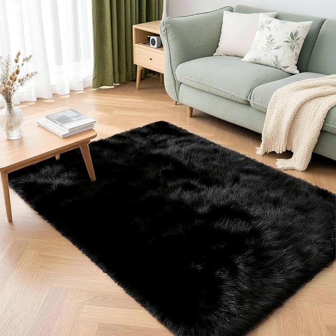 3x5 Solid Fluffy Black Area Rug – Washable, Durable, Living Room Rug, Non-Slip High Pile Shag Rugs for Bedroom, Living Room, Bedside, Dorms, Nursery Rooms, Kids Room, Soft Indoor Floor Carpet