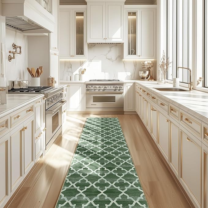Area Rug 2x6, Moroccan Trellis Print Carpet, Machine Washable Non-Slip Rugs for Living Room, Bedroom, Dining Room & Entryway, Green