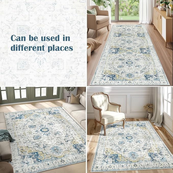 jinchan Kelda Area Rug 6x9 Washable Living Room Rug Vintage Indoor Large Floor Cover Distressed Lightweight Non-Slip Low Pile Thin Mat Accent Stain Resistant Carpet for Bedroom Office Light Blue