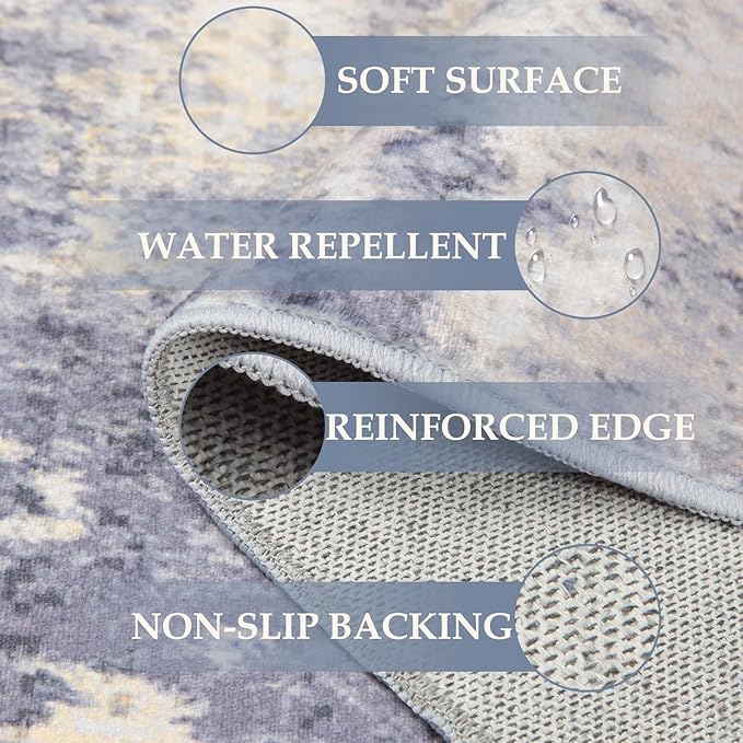Washable Area Rugs 7'x9' Non-Slip Modern Abstract Soft for Living Room Entryway Bedroom Nursery, Print Pattern, Purple Grey Cream Yellow
