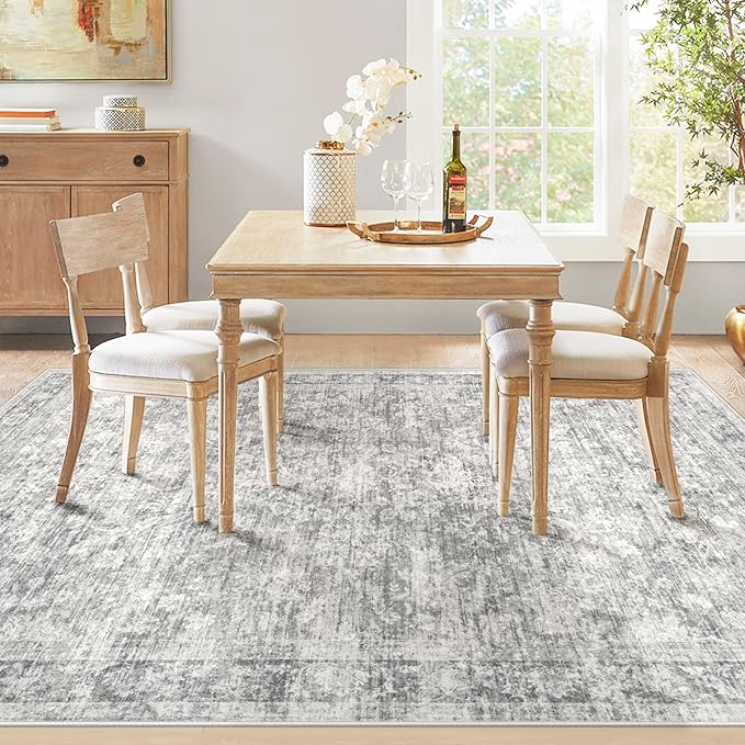 6x9 Area Rugs for Living Room: Washable Vintage Floral Rug Low Pile Non-Slip Boho Carpet for Bedroom Nursery Dining Room (Grey, 6'x9')