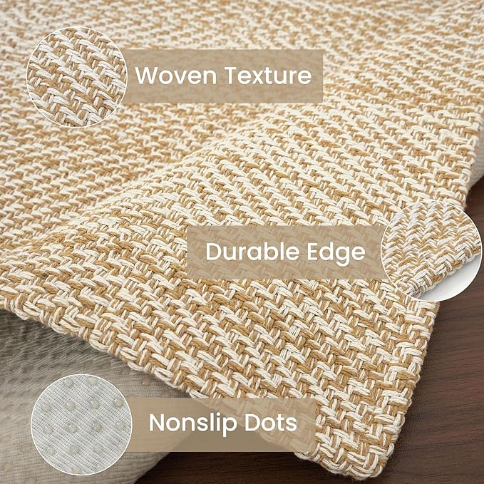 IOHOUZE Washable Runner Rug 3x12 Non Slip Rubber Backed Extra Long Hallway Runner Entryway Runner Indoor, Kitchen Rugs Woven Cotton Carpet for Hall Entrance Stair, Warm Beige/Orange/Apricot