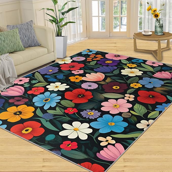Boho Flowers Rugs for Bedroom - 5x6 Area Rug - Cartoon Flowers Rugs for Living Room, Abstract 3D Floral Rug, Non-Slip Washable Home Decor Carpet