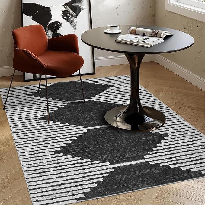 HelloTree Area Rug 4x6 Geometric Rug,Washable Modern Neutral Stain Resistant Indoor Carpet Boho Living Room Moroccan Rugs Fluffy Rug for Living Room Bedside Room Decor for Family-Black