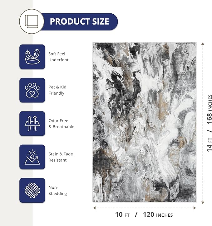 Abani Regal Collection Area Rug - Abstract Grey Black Marble Swirl Design - 10' x 14' - for Living Room, Bedroom & Office Washable