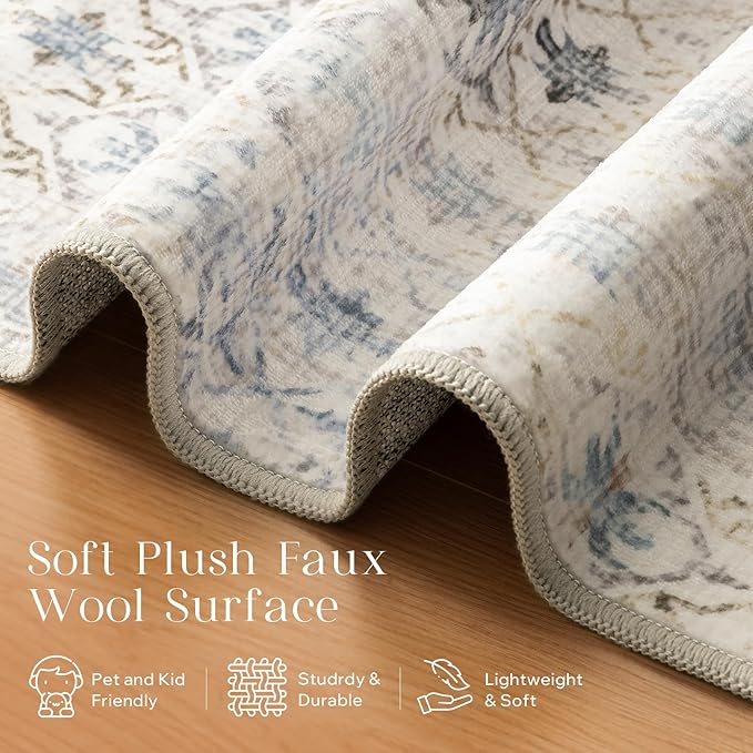Phantoscope Washable Area Rug 6'x9' Non-Slip, Vintage Modern Boho Rugs for Living Room, Bedroom, Dining Room, Distressed Geometric Floral Pattern, Low-Pile Foldable Floor Carpet, Teal Floral/Beige
