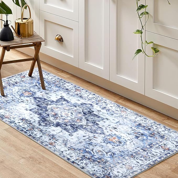 COMSLE Washable Door Mat, Front Door Mat Indoor Faux Wool Absorbent Small Rugs for Entryway Distressed Throw Rug Non-Slip Accent Floor Carpet for Entrance Bedroom, 24X48 Inches Blue