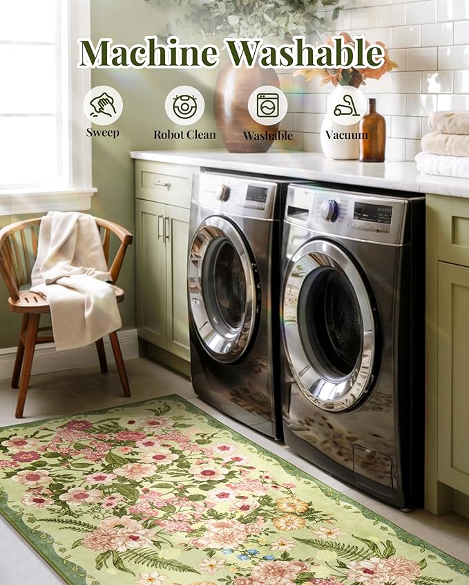 Floral Runner Rug 2x6 - Washable Vintage Bedroom Runner Rug Low Pile Non-Slip Carpet for Entryway Hallway, Laundry, Bathroom, Kitchen - Soft, Stain Resistant Indoor Area Rug - Green