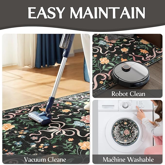 Black Rug Bow Floral Rug for Girls, 2x3 Washable Small Area Rug for for Entryway, Kitchen, Front Door Indoor Entrance, Non Slip Carpet for Bathroom Bedroom Living Room
