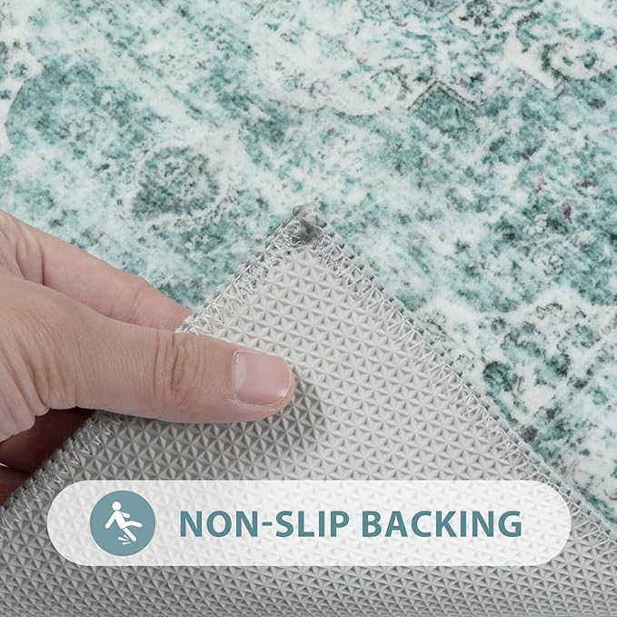 Uphome Bathroom Rugs Runner, Distressed Farmhouse Boho Sage Green Bath Mat, Non Slip Washable Long Bath Rugs, Vintage Traditonal Soft Velvet Bathroom Runner for Bathtub Sink Shower, 18x47 inch