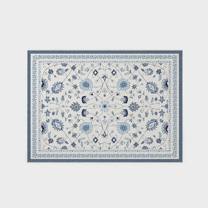 EVERGRACE Area Rugs for Living Room 5x7, Boho Floral Faux Wool Indoor Outdoor Rugs, Washable Rugs for Bedroom Dining Room Entryway Kitchen, Low Pile Floor Mat Carpet for Home Decor, Porcelain Blue