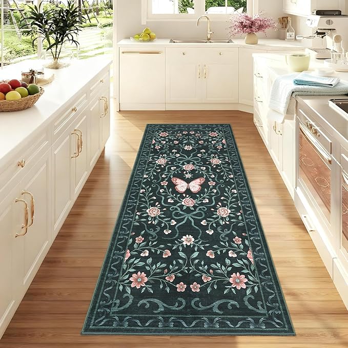 GarveeHome Washable Runner Rug 2x6 Non Slip Hallway Runners Stain Resistant Low Pile Floral Runner Rugs for Kitchen Soft Long Entryway Runner Rugs Black Boho Throw Carpet for Bedroom Nursery, 2x6