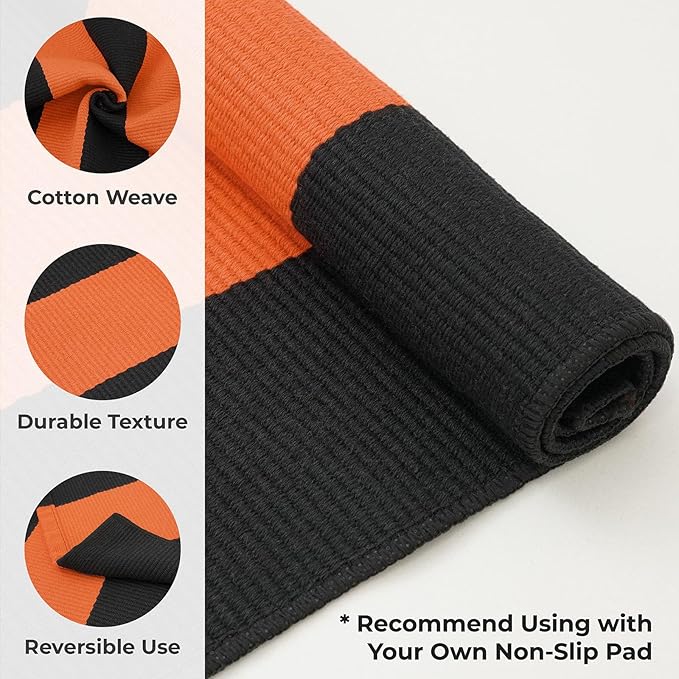 KOZYFLY Orange and Black Striped Rug Doormat 2x3 Ft Halloween Fall Cotton Woven Washable Indoor Outdoor Rugs for Layered Door Mats Porch/Kitchen/Farmhouse