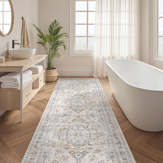 Runner Rug Kitchen Washable Rugs: 3x8 Non-Slip Boho Soft Vintage Stain Resistant Indoor Floor Neutral Farmhouse Throw Carpet for Hallway Bathroom Laundry Room Entryway Bedroom- Ivory Gray