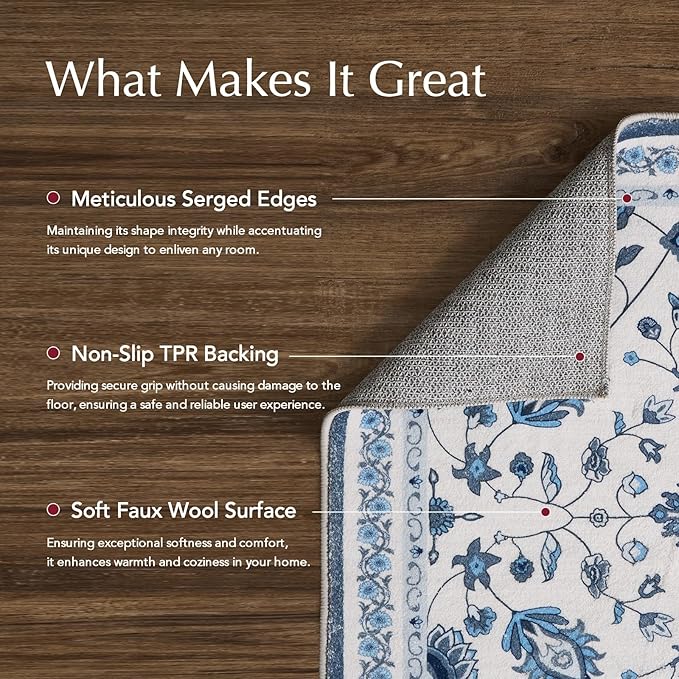 EVERGRACE Area Rugs for Living Room 9x12, Boho Floral Faux Wool Indoor Outdoor Rugs, Washable Rugs for Bedroom Dining Room Entryway Kitchen, Low Pile Floor Mat Carpet for Home Decor, Porcelain Blue