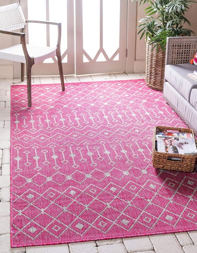 Unique Loom Outdoor Trellis Collection Area Rug - Tribal Trellis (8' x 11' 4" Rectangle, Fuschia/ Gray)