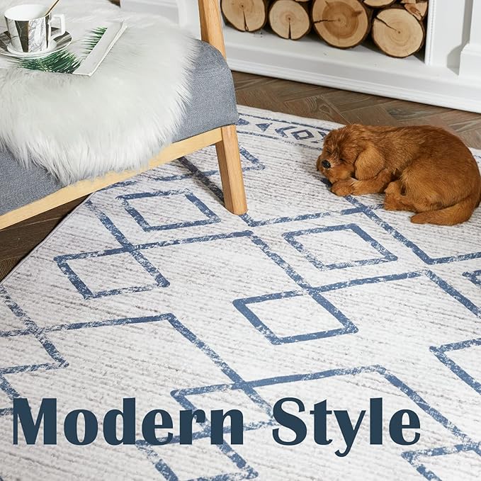 jinchan Moroccan Runner Rug 2x5 - Kitchen Machine Washable Runner Rug Modern Geometric Soft Low-Pile Lightweight Non-Slip Carpet for Entryway Hallway Laundry Room Bedroom Farmhouse (2x5ft, Blue)