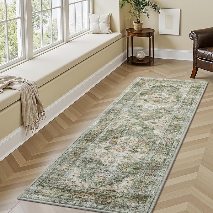 AMOAMI-2X6 Runner Rug-Washable Runners for Hallways-Soft Non Slip Bedside Rugs for Bedroom-Vintage Long Rug for Hallways Entryway Laundry Room Stair Kitchen Bathroom Olive Green