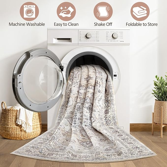 7x10 Area Rug Living Room: Washable Boho Large Neutral Vintage Soft Rugs Stain Resistant Farmhouse Non Slip Indoor Floor Carpet for Bedroom Nursery Kids Playroom Office Dining Room- Ivory Gray