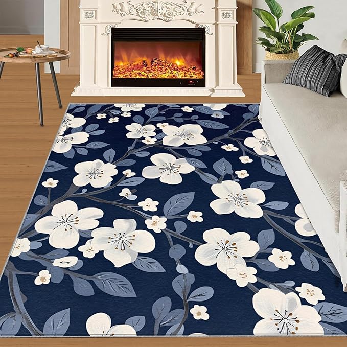 Boho Rugs for Bedroom - 3x5 Area Rug - Blue White Flowers Rugs for Living Room, Vintage Modern Flowers Rug, Washable Home Decor Carpet