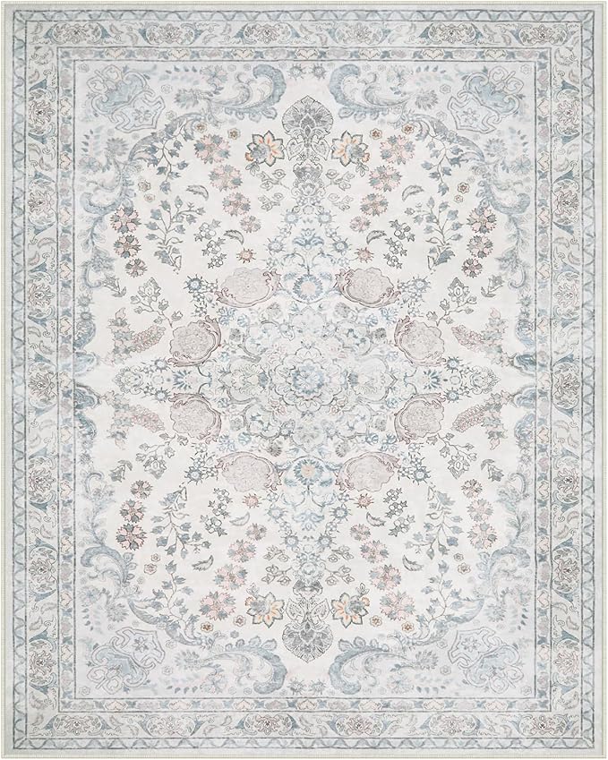 Wonnitar Floral 8x10 Washable Rug, Blue Rug for Bedroom Nursery Decor, Ultra-Thin Large Non-Slip Soft Boho Vintage Distress Print Carpet for Living Room Kids Playroom Office