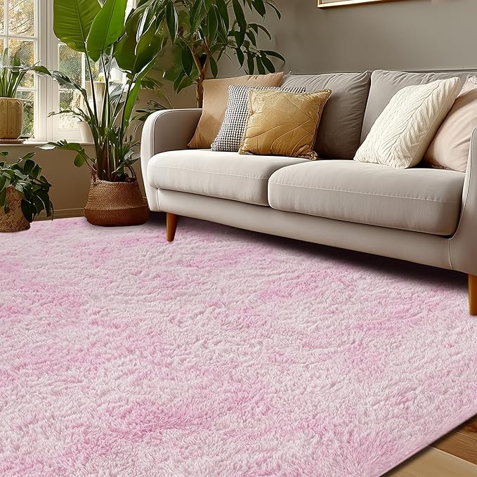 Andency 8x10 Area Rugs for Living Room, Non-Slip Fluffy Soft Large Shag Bedroom Carpet, Tie-Dyed White Pink Big Indoor Thick Nursery Rug for Kids Dorm Home Decor Aesthetic