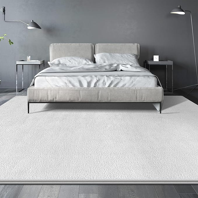 Large Area Rugs for Living Room Bedroom, 7x10 Feet White Rug, Minimalist Modern Shag Rug, Soft Thick Comfy Memory Foam Indoor Carpet, Non-Slip Washable Rug for Boys Girls Dorm Nursery Room Home Decor