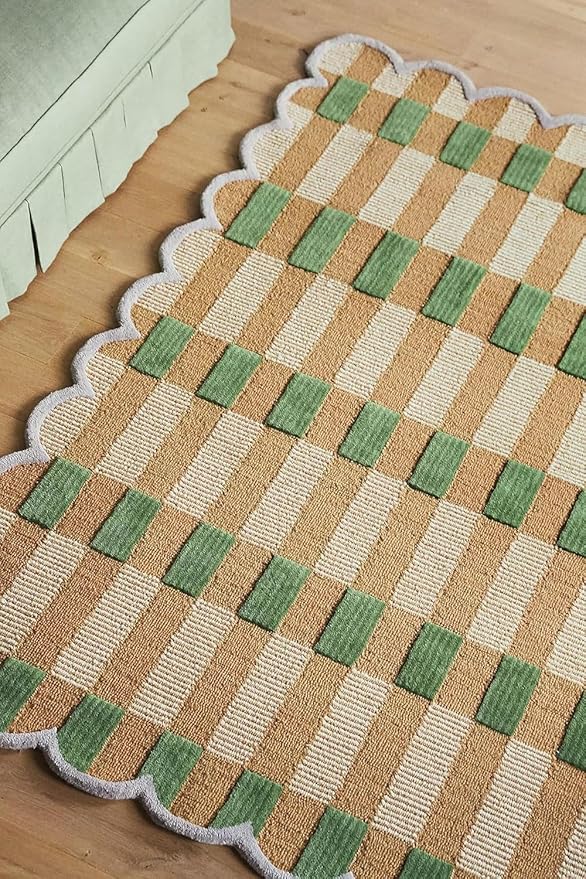 Hand-Tufted Wool Rug with Scalloped Edges, Light Blue Plaid Pattern, Cozy Soft Area Rug for Living Room, Bedroom, and Nursery, Handmade Modern Accent Rug (Green, 6X8 FEET)