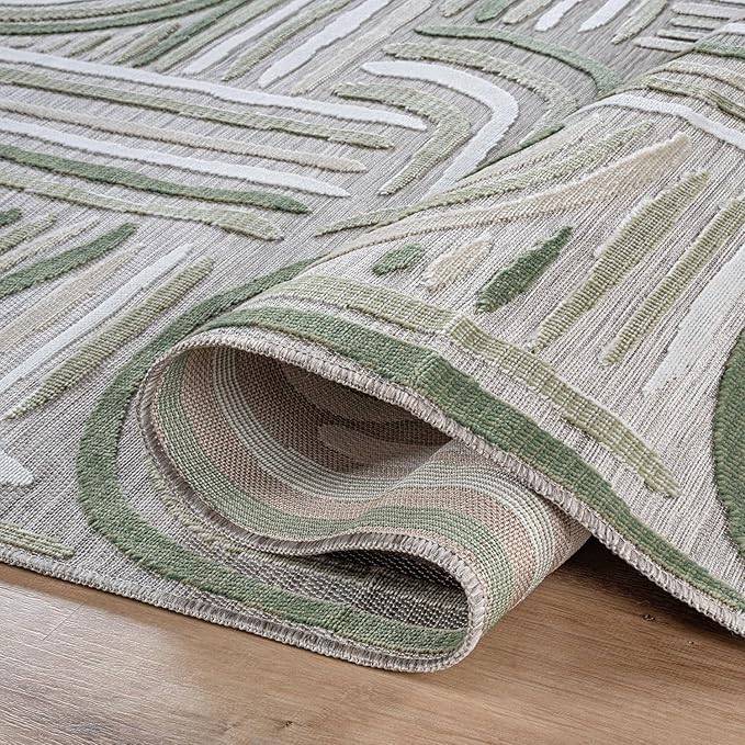 CAMILSON Indoor Outdoor Rug, Beige 8x10 Geometric Arch Striped Area Rugs for Patio and Home Areas, Easy-Cleaning Non-Shedding Living Room, Garden and Deck Washable Outside Carpet (8 x 10)