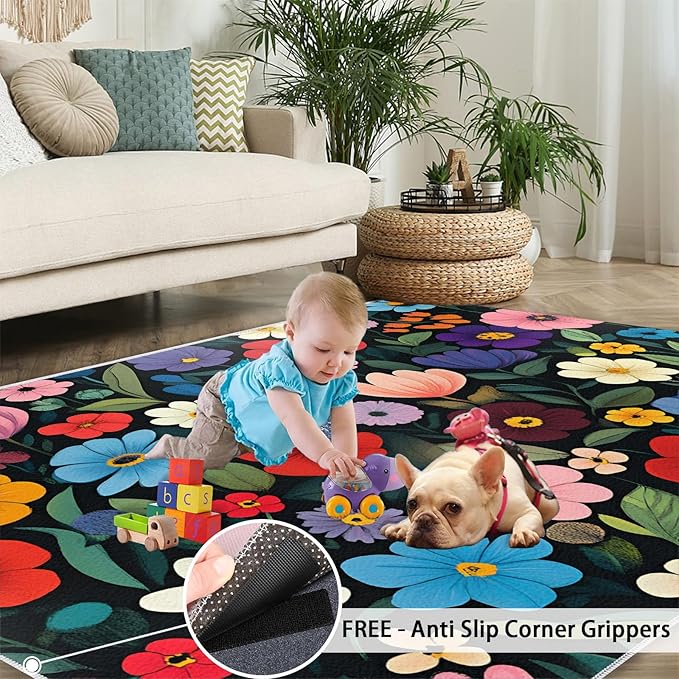 Boho Flowers Rugs for Bedroom - 4x6 Area Rug - Cartoon Flowers Rugs for Living Room, Abstract 3D Floral Rug, Non-Slip Washable Home Decor Carpet