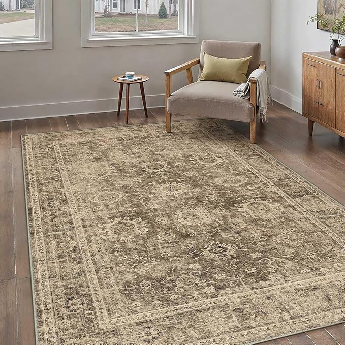 3x5 Washable Area Rug for Entryway Brown Vintage Non-Slip Low Pile Distressed Rustic Carpet Lightweight Vacuumable Door Mat Soft Small Door Mat Small Throw Rug for Entrance