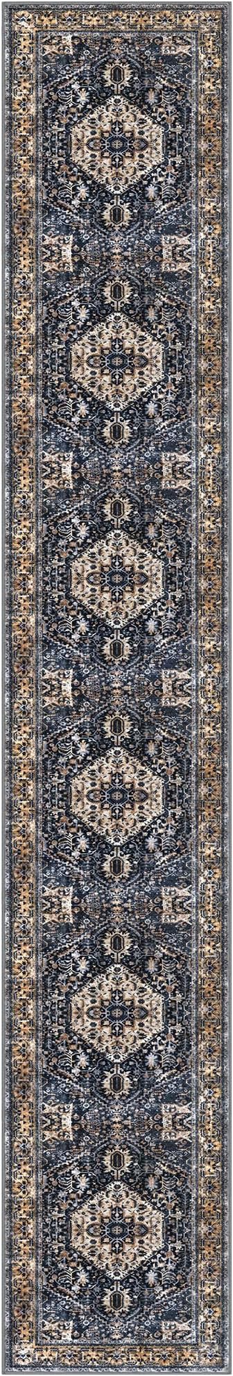 KOZYFLY Runners for Hallways 3x16 Ft Extra Long Washable Kitchen Thin Runner Rug Boho Runner Rug for Entryway Indoor Printed Faux Wool Stair Floor Carpet for Stair Kitchen Hall, Gold/Navy